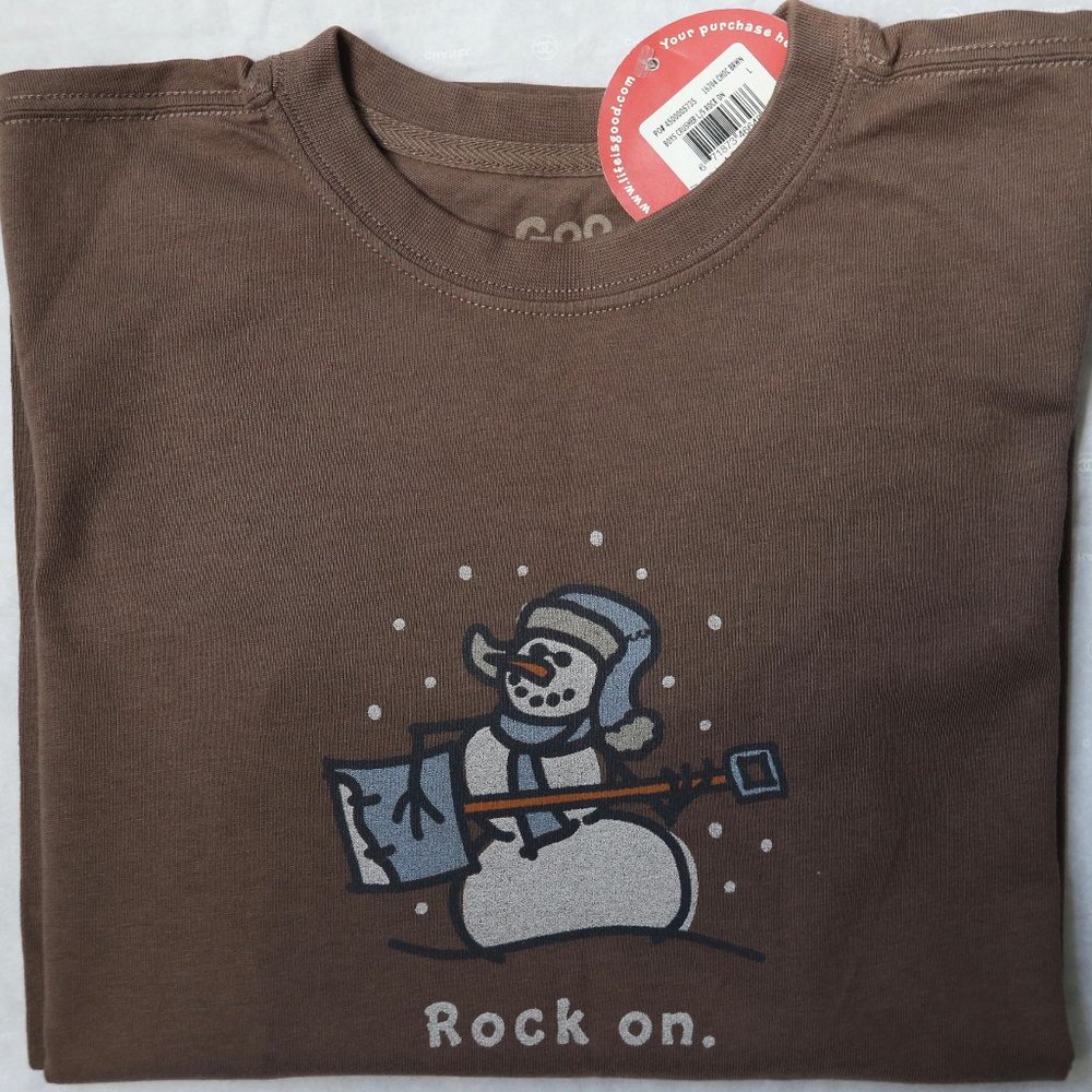 Life is Good Rock On Snowman Brown Crusher T Shirt L Long Sleeve 100% Cotton New